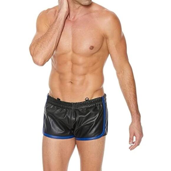🦋B2G1🦋SHOTS OUCH Uomo Versatile Leather Shorts Gay Style Black/Blue - Picture 1 of 5
